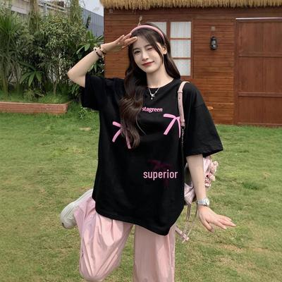 Korean Cotton Loose-Fit Bowknot Letter Print Women's Short-Sleeve T-Shirt