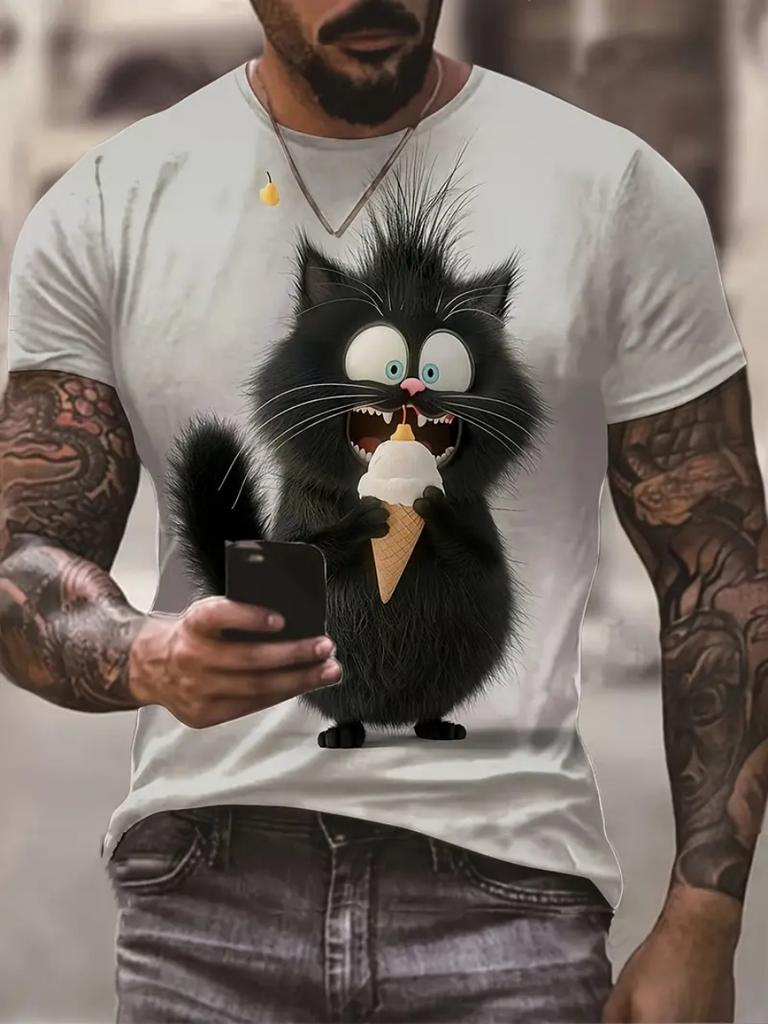 Funny Men's T Shirt Aniaml Cat 3D Printed Men's T-shirt Summer Casual Short Sleeve Street Fashion Crew Neck Pullover Male Oversized