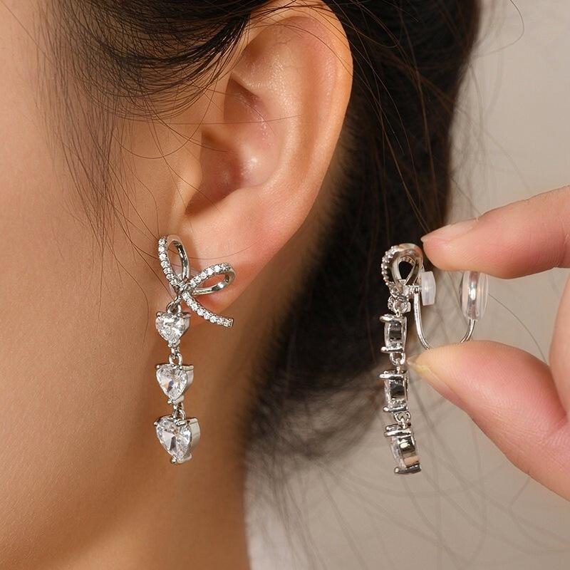 Zirconia Bow Heart Ear Clip: Elegant, No-Pierce, Versatile Earrings for Women