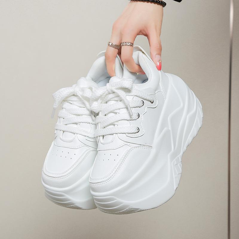 Fashion 10CM Women's Autumn Thick Bottom Shoes Breathable Microfiber Leather Vulcanize Flat Platform Sneakers White Walking Shoes