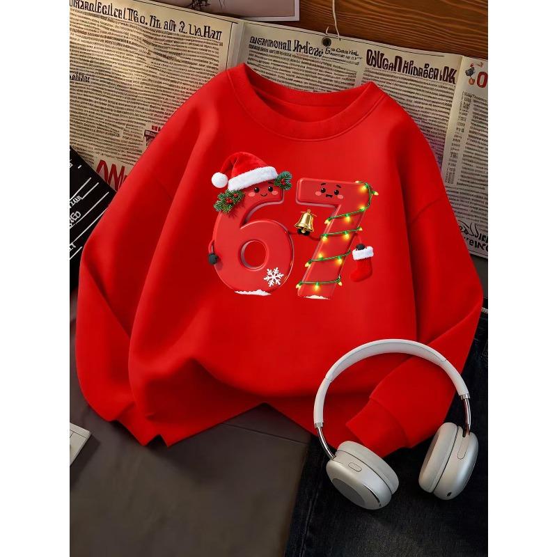 Christmas Gift For Kids Cute Cartoon Number 67 Graphic Sweatshirt Unisex Boys Girls Santa Hat Xmas Light Bell Snowflake Crewneck Long Sleeve Pink Soft