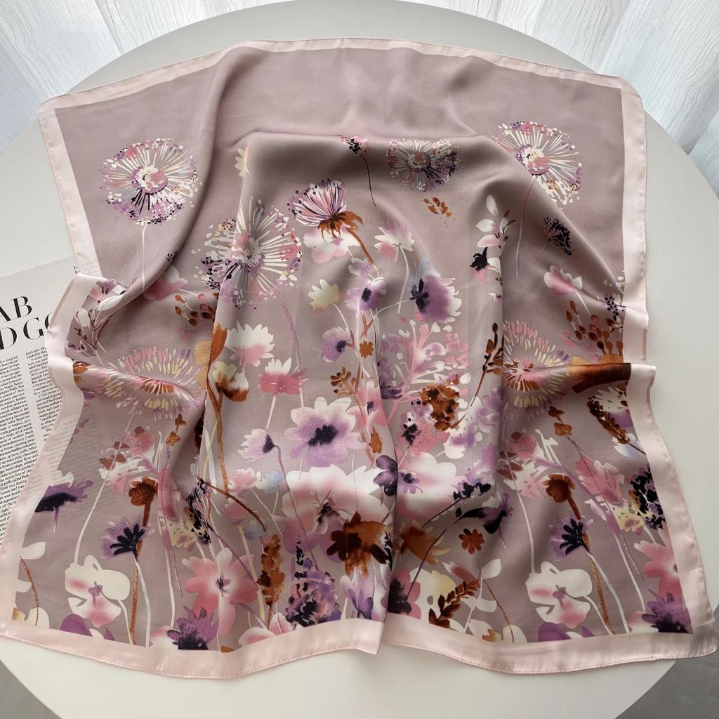 2025 New Luxury Floral Print 70*70cm Satin Square Scarf Women Soft Hairband Neckerchief Tie Female Headband Foulard Bag Ribbon