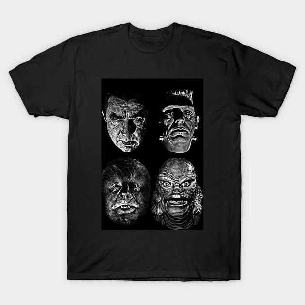 Men Black Print T-shirt Dracula, Frankenstein, Wolfman, Creature From The Black Lagoon No-Cut Transfer Paper Print Cotton Tshirt L чёрный