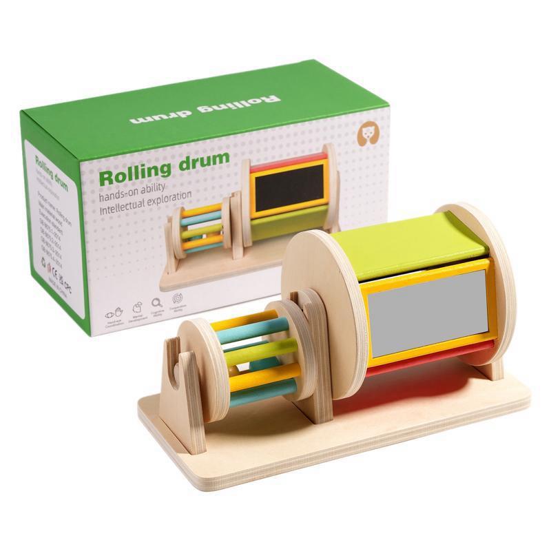 

Montessori Wooden Rolling Drum Plaything Baby Tactile Plaything Mirror Rattle Sound & Color Cognition Tummy Time Plaything For Infants 6+ Months