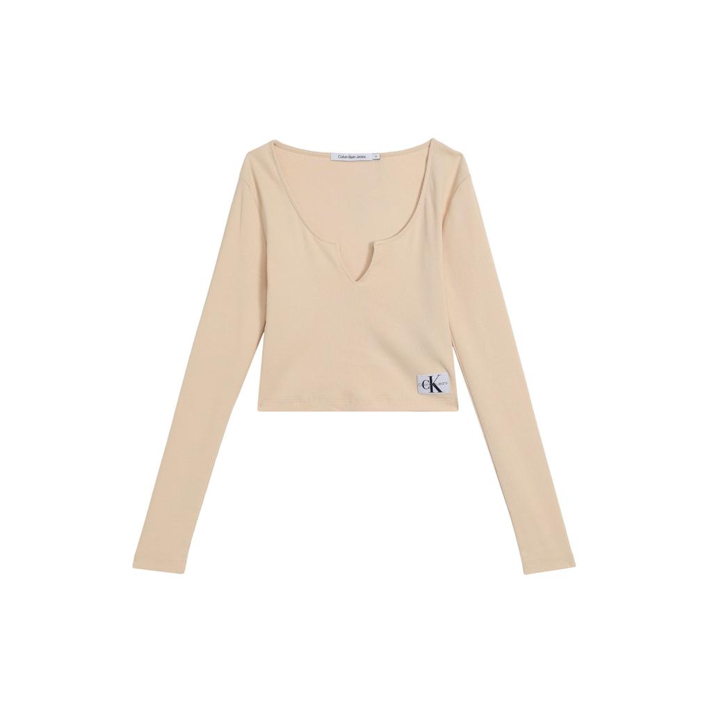 Calvin Klein Solid Color V-Neck Sweet And Spicy Long Sleeve T-Shirt Women tops Light-Pink J222025-ABJ
