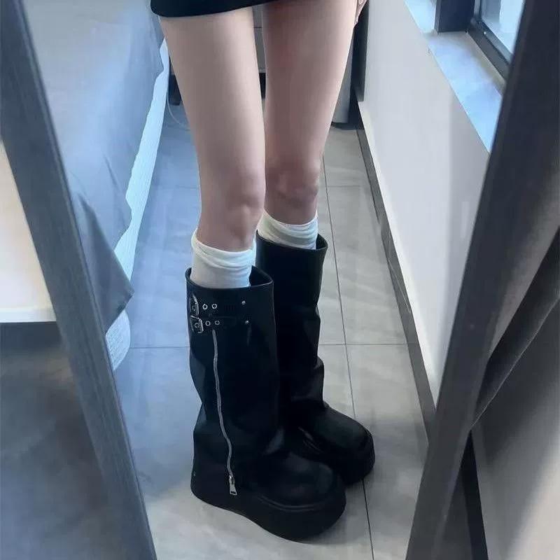 Women Round Toe Thick Soled Belt Buckle Winter Mid Calf Boots Winter Autumn Motorcycle Boot Soft Leather Side Zip
