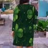 Women Plus Size V Neck Long Sleeve Shamrock Printed Dark Green Fitted Straight Dress