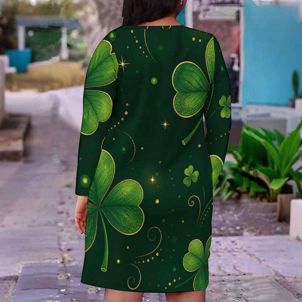 Women Plus Size V Neck Long Sleeve Shamrock Printed Dark Green Fitted Straight Dress