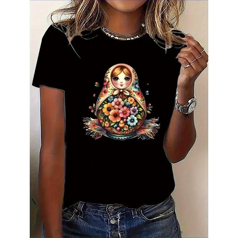 Women's Pink Floral Russian Matryoshka Doll Print T-Shirt Casual Crew Neck All-Season Comfort Top