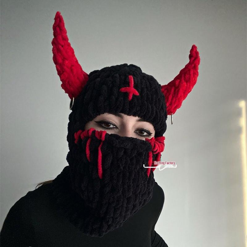 New Hand-Knitted Velvet Rabbit Ear Hat with Devil Horns - Warm, Thick, Sweet, and Stylish Spicy Girl Face Mask