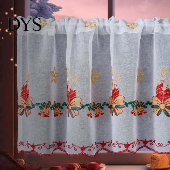 Easy Installation Pole Bag Valances Christmas Embroidered Valance Curtain, Sheer Light Filtering Candles Bells Curtains for Kitchen Windows