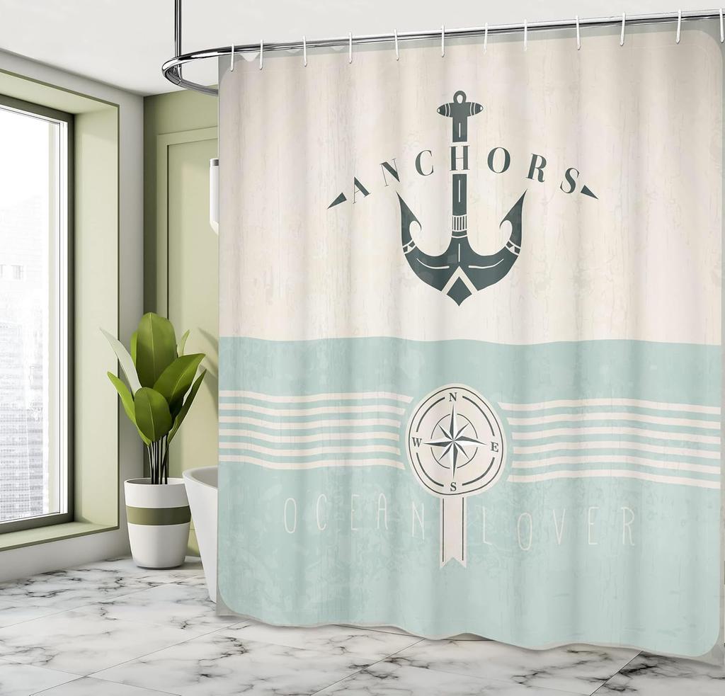 Nautical Shower Curtain, Vintage Marine For Ocean Lovers Anchor On Compass And Stripes Sailing Coastal Theme, Cloth Fa