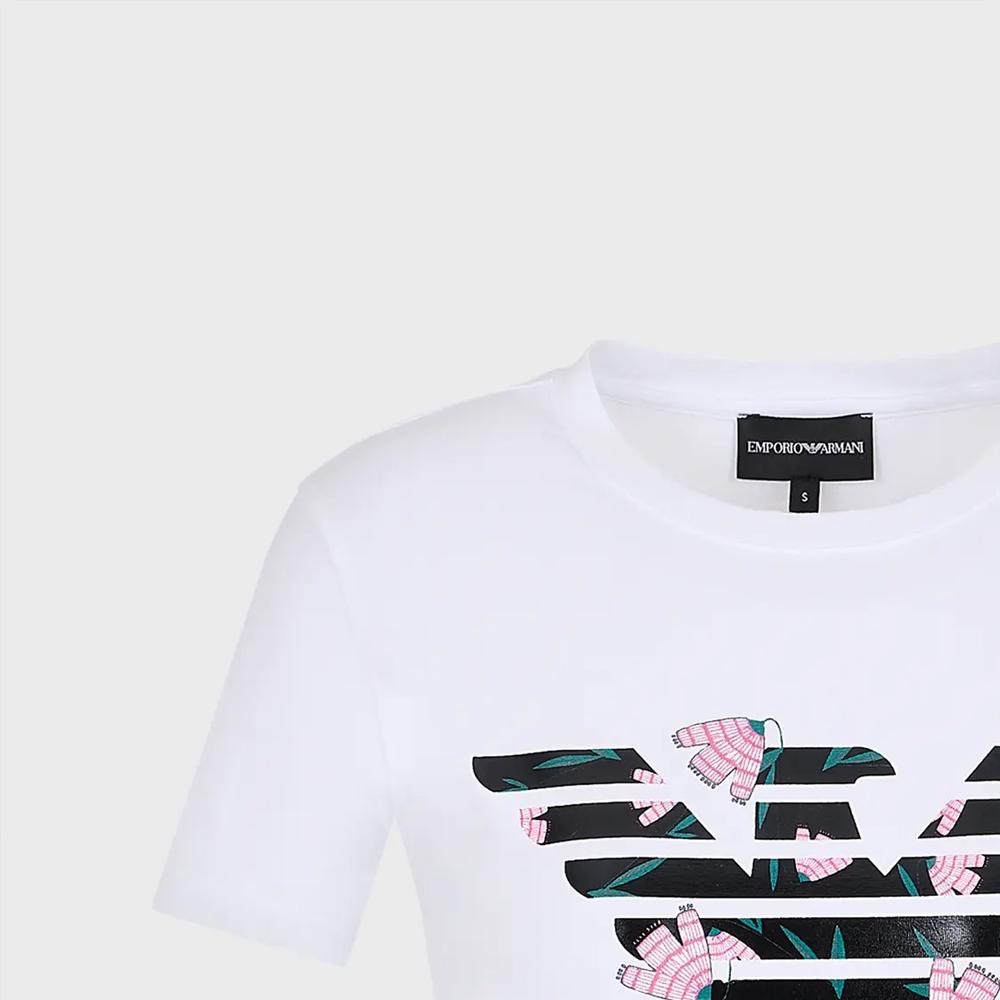 Emporio Armani FW23 Brand Logo Eagle Floral Print Crew Neck Short Sleeve T-Shirt Women t-shirts White 6R2T7N-2J07Z-0100