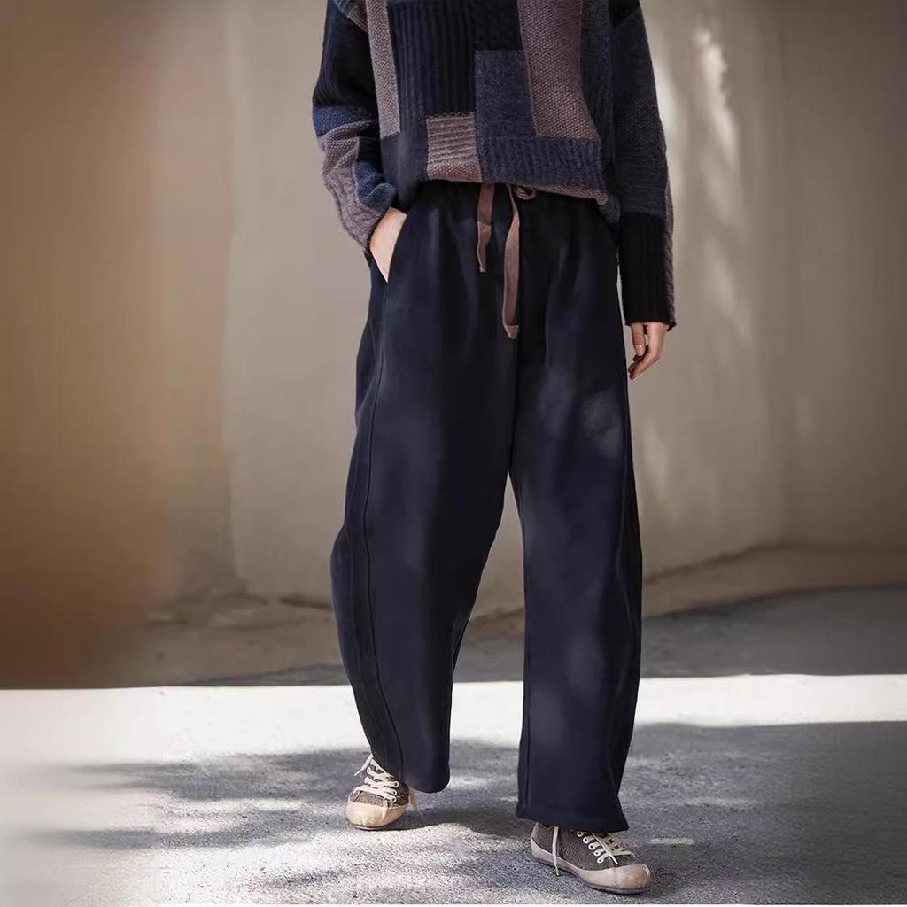 Women's Black Retro Elastic Waist Cotton Knit Scimitar Pants