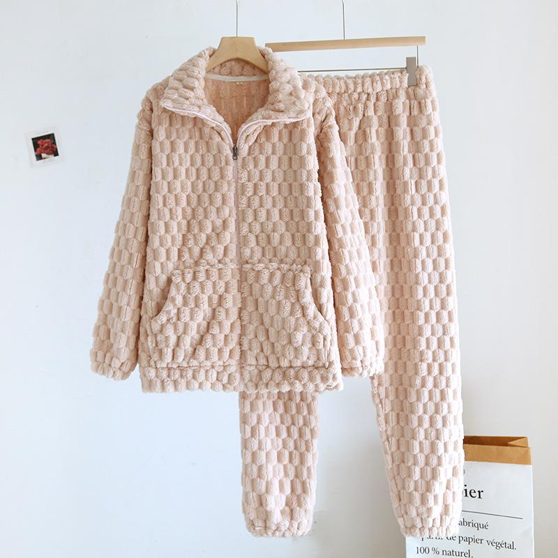 

Autumn Winter Pajama Set Flannel Large Thickened Warm Men s Women s Long Sleeve Pants Coral Plush Home Fur XS