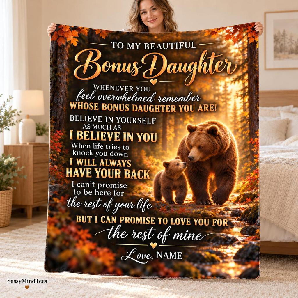Personalized Bonus Daughter Blanket, Bonus Daughter Gift from Mom, Stepdaughter Gift, Bear Mom & Cub Fleece Blanket, Birthday Christmas Gift