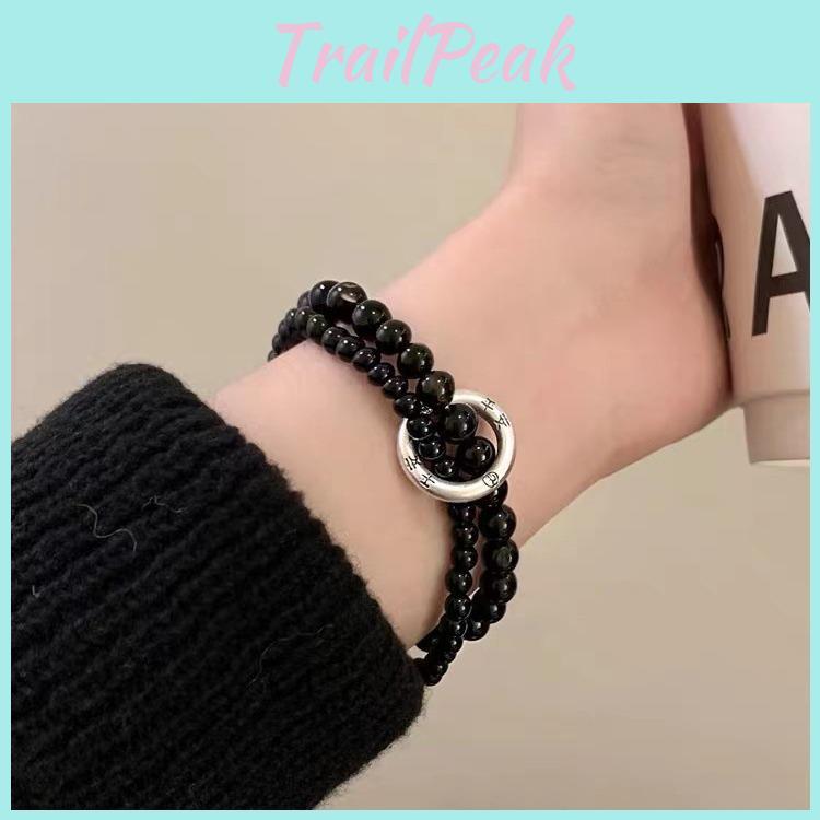Unisex Black Elegant Beaded Double Circle Bracelet Trendy Retro Artistic Jewelry
