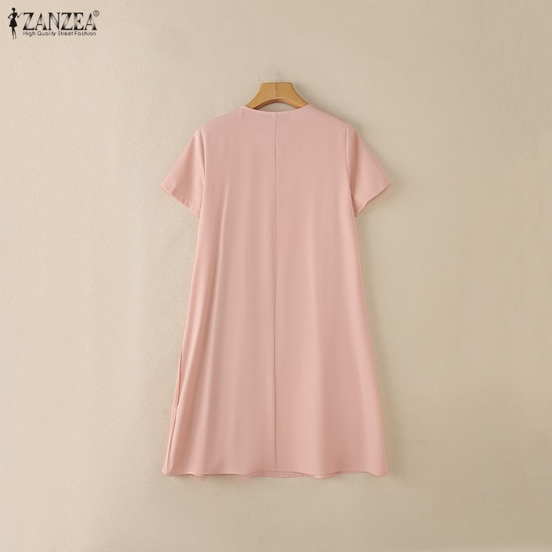 ZANZEA Women Casual V-Neck Solid Color Loose Short Sleeve Dress