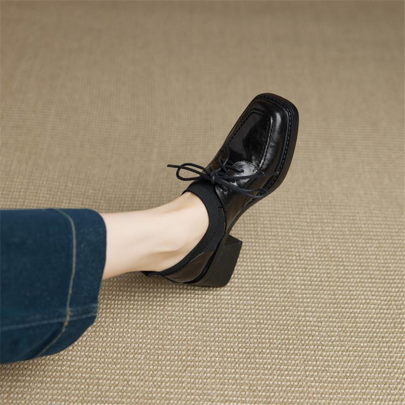 Fashion New Spring/autumn Genuine Leather Women Shoes Square Toe Loafers Shoes for Women Fashion Lace Chunky High Heels Women Pumps