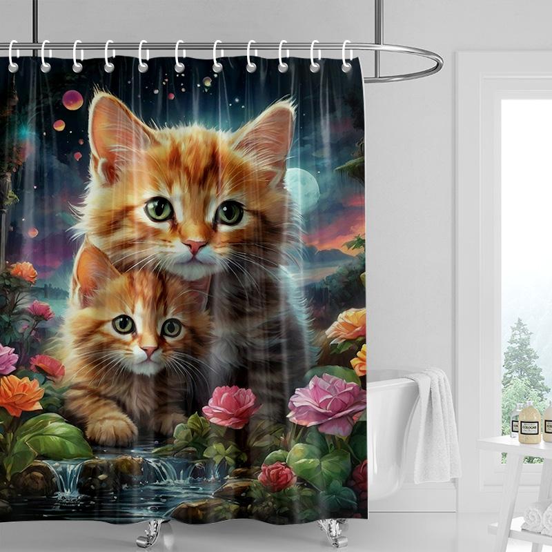 Adorable Cat & Flower Shower Curtain Washable Dirt-Resistant Shower Head Waterproof Polyester Bath Curtain For Home Decor