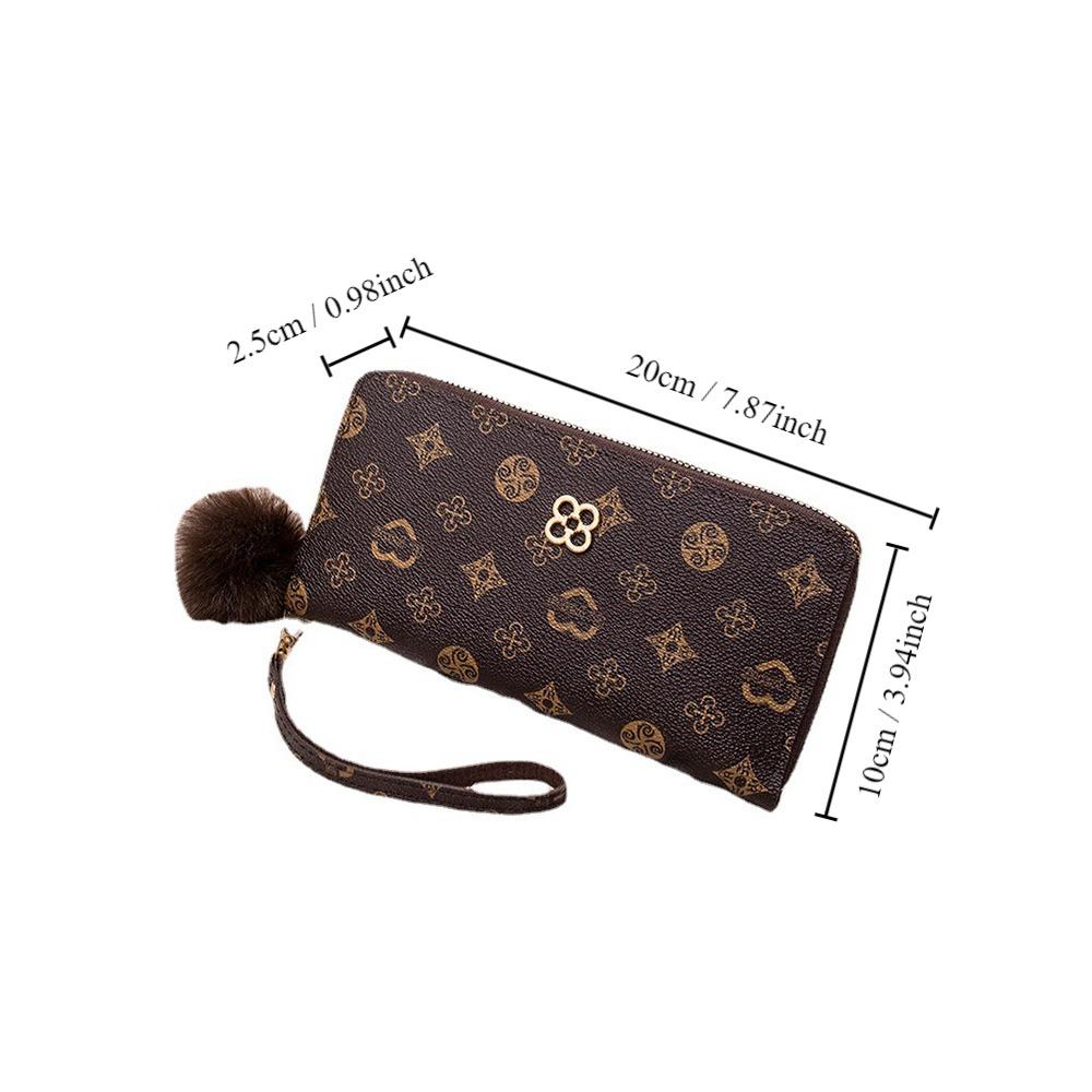 Portable Women Long Wallet Large Capacity PU Leather Zipper Coin Purse Long Clutch Bag Fluffy Ball and Printed Decoration
