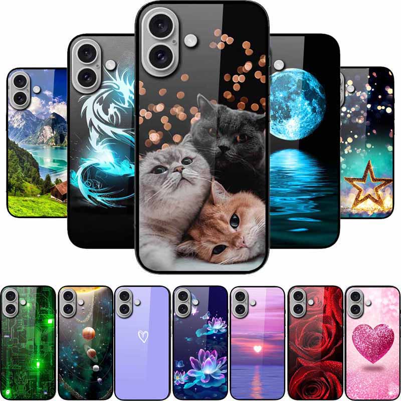 Glass Case For iphone 16 Plus 16Plus Coque Tempered Glass Hard Back Cover For iphone 16 Plus Phone Case Soft TPU Black Bumper