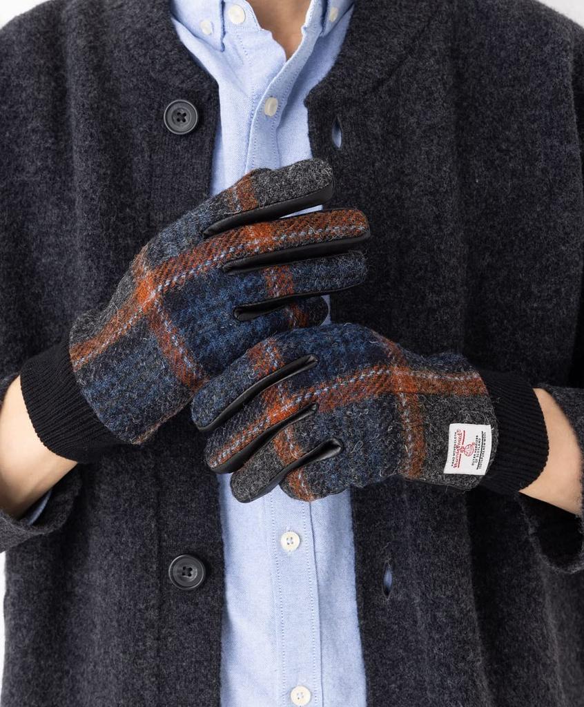 Sleeping Sheep Harris Tweed Leather Combination Smartphone with Orange CK Men's Gloves, Compatible, Fleece-Lined, 24cm, Case, (with Cuffs)