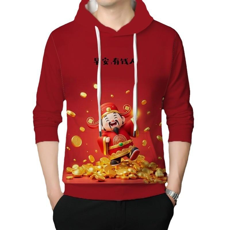 Mens Oversized Hooded Sweatshirt With 3D Digital Print Fortune God Design Winter Warm Loose Fit Casual Top