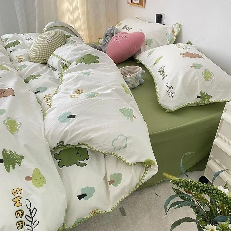 Bedding Set  Girls Cherry  Soft Washed Cotton Bed Sheet Queen King Size Duvet Set  Comforter Set Pillowcase Bed Linens