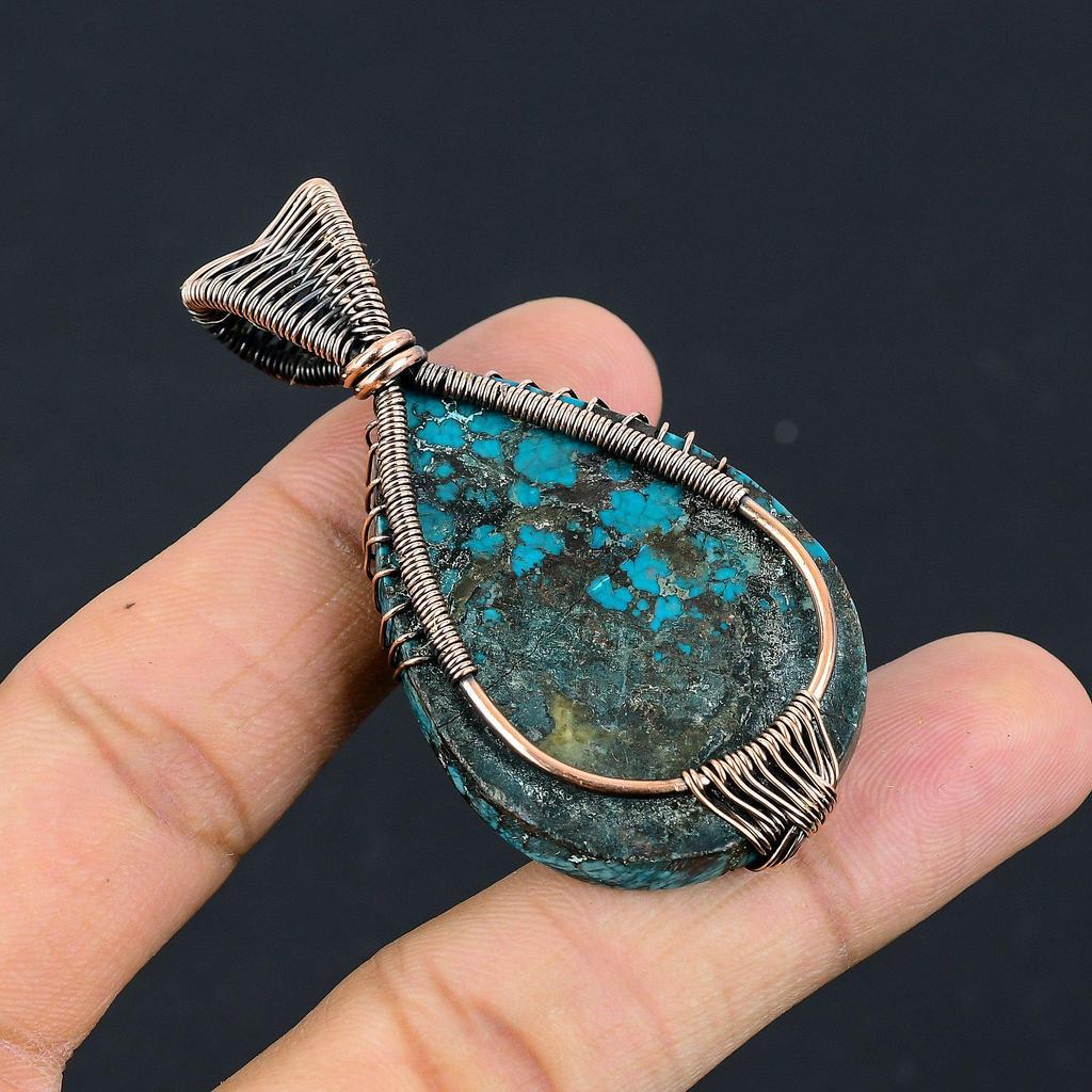 Tibetan Turquoise Pendant, 999 Copper Wire Wrapped Gemstone Jewelry, Handmade Pendant, For Thanksgiving