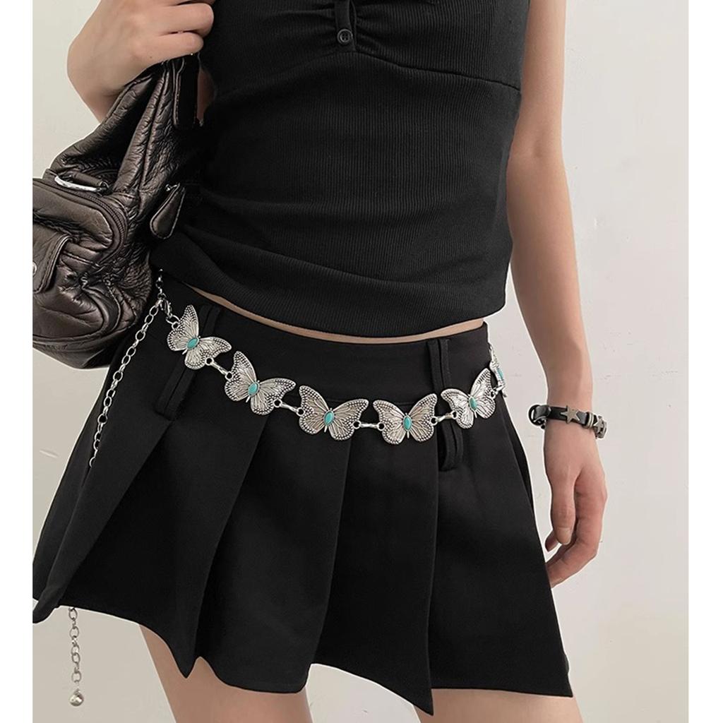Women Body Chain Vintage Carving Butterfly Turquoise Waist Chain Belt Belly Chain Waistbelt Body Jewelry Accessories