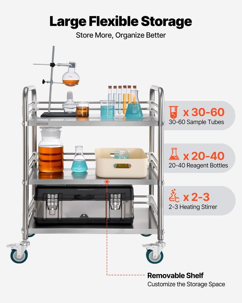 Stainless Steel Cart, 3-Tier Rolling Lab Utility Cart with Lockable Wheels, Medical Serving Trolley Clinic Tray, Heavy Duty Mobile Service Storage