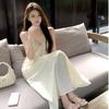 Pure Apricot Neck Sling Dress Women's Summer Xinjiang Yunnan Dali Seaside Vacation Flash Diamond Backless Dress