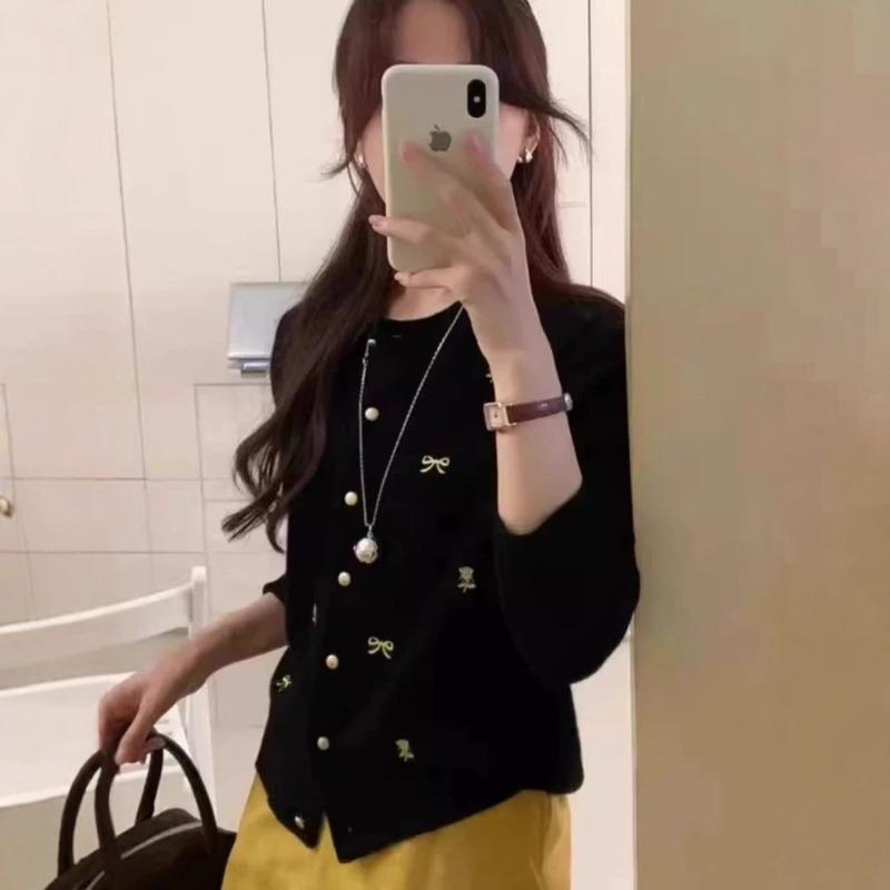 Bow flower embroidered knitted sweater women's spring and autumn new sweet short crew neck top thin sweater cardigan jacket