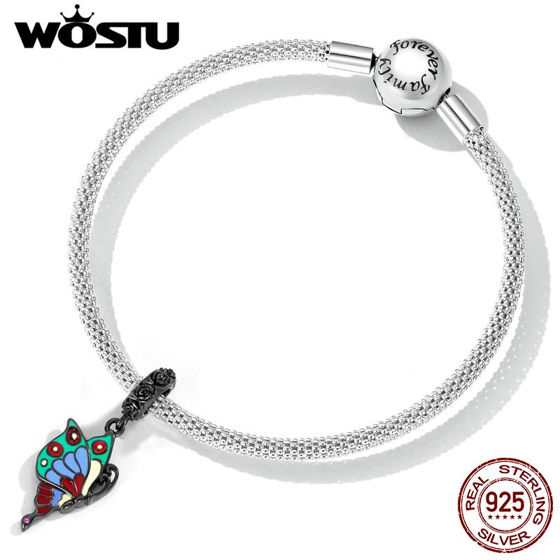 WOSTU 925 Sterling Silver Plated Black Gold Colorful Rose Butterfly Pendant Animal Charm Beads Fit Original DIY Bracelet Jewelry