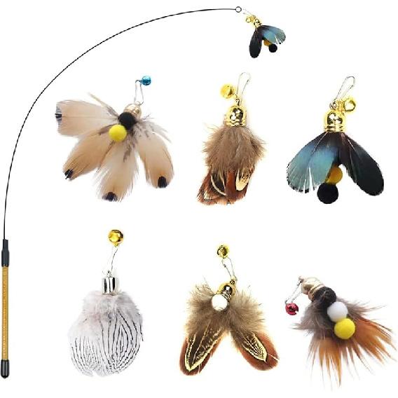 Cat ect Feather Toys Replacement Cat Toy Wand Refills, 6 Pieces Natural ect Cat Toy Feathers Refill, Interactive Cat Teaser Wand Attachments, with