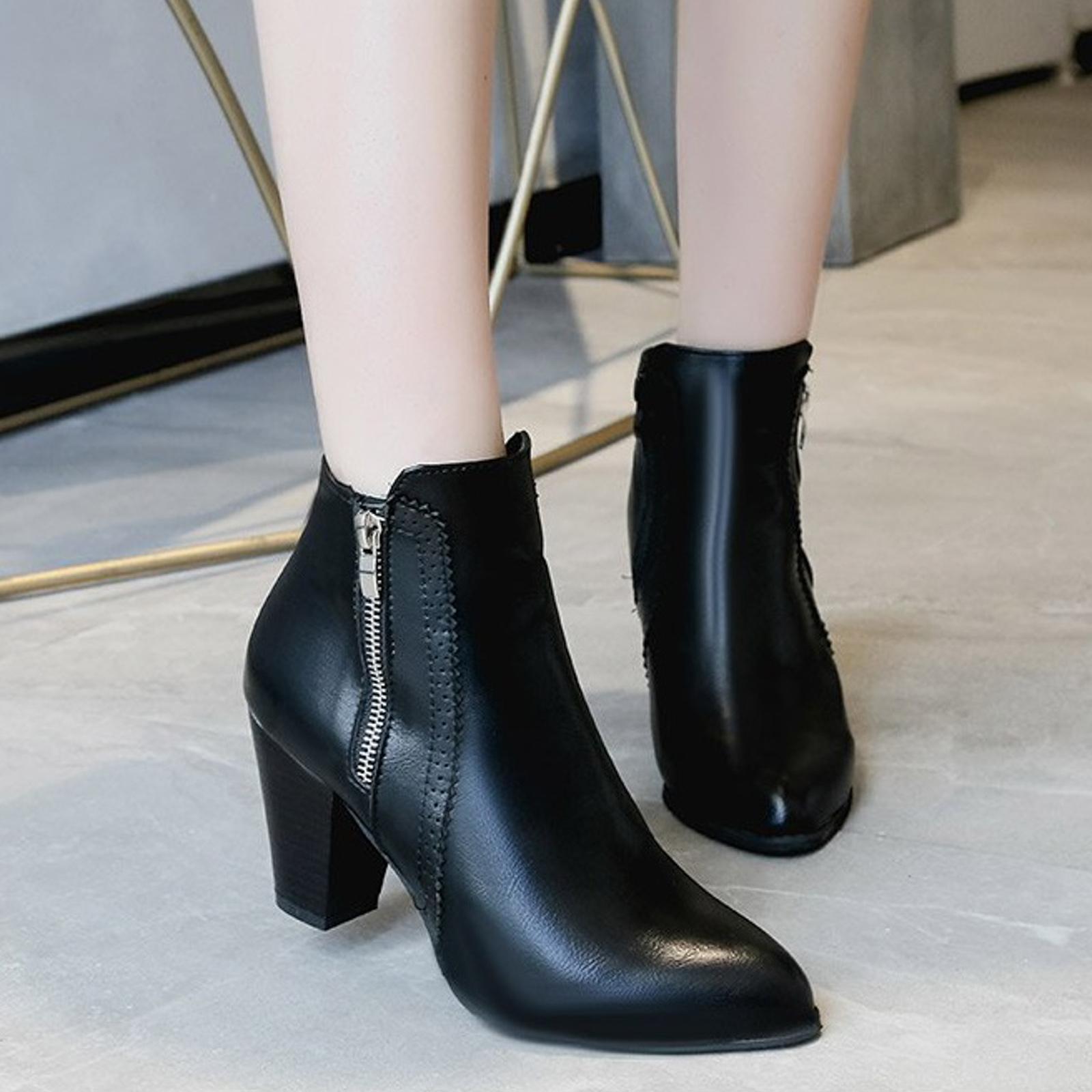 Retro Women Leisure Solid Color Square Heels Zipper Short Booties Round Toe Shoes round Toe Lace up Boots for Women 37 чёрный