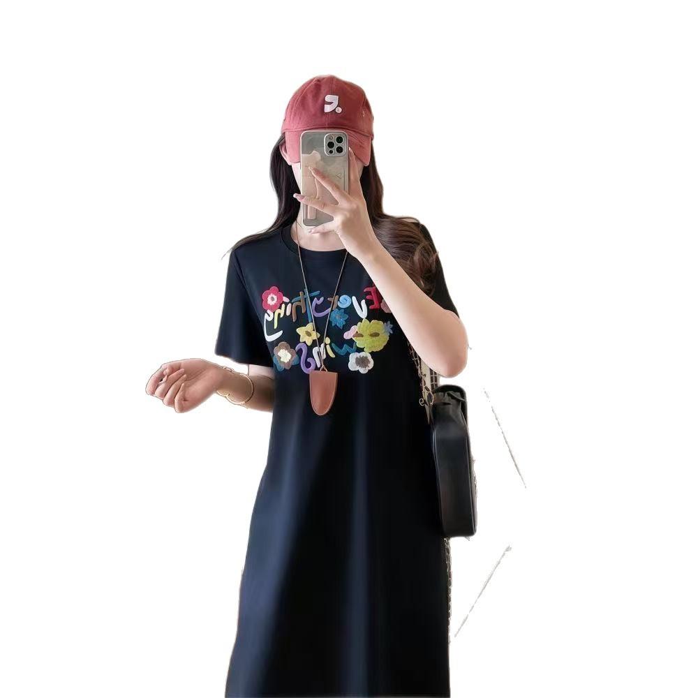 2026 Summer Short-Sleeve Printed Dress, Korean Casual Lazy T-Shirt, Loose Plus Size Over-the-Knee Long Skirt
