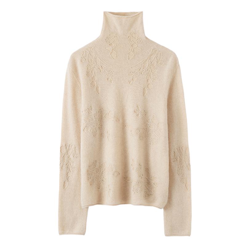 Lekasha 100% Pure Cashmere Rolled Edge High Neck Embossed Knit Top