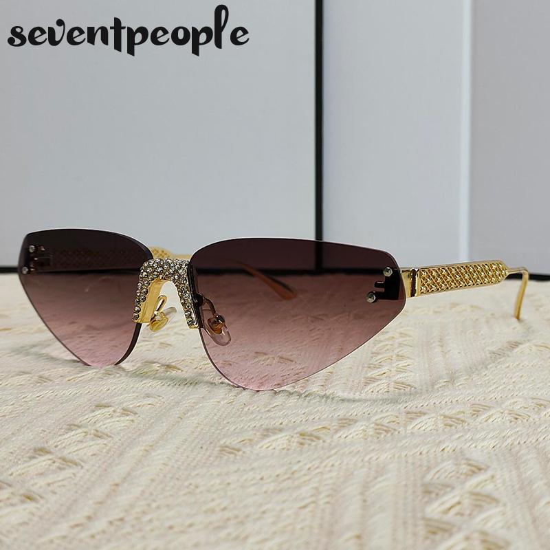 Rimless Rhinestones Punk Sunglasses Women Luxury Brand Design Vintage Metal Small Frame Sun Glasses For Ladies Eyewear
