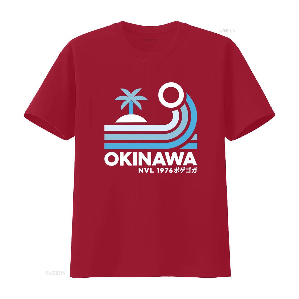 Mens Japan Okinawa Retro Style T Shirt with Palm Wave Design and Lettering Print Fashion Streetwear for Summer Vibes Vintage