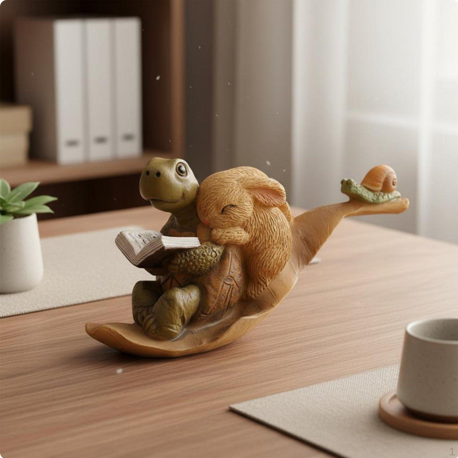 Turtle and Hare Reading Figurine Cute Design Miniature Garden Animal Statue Craftsmanship Resin