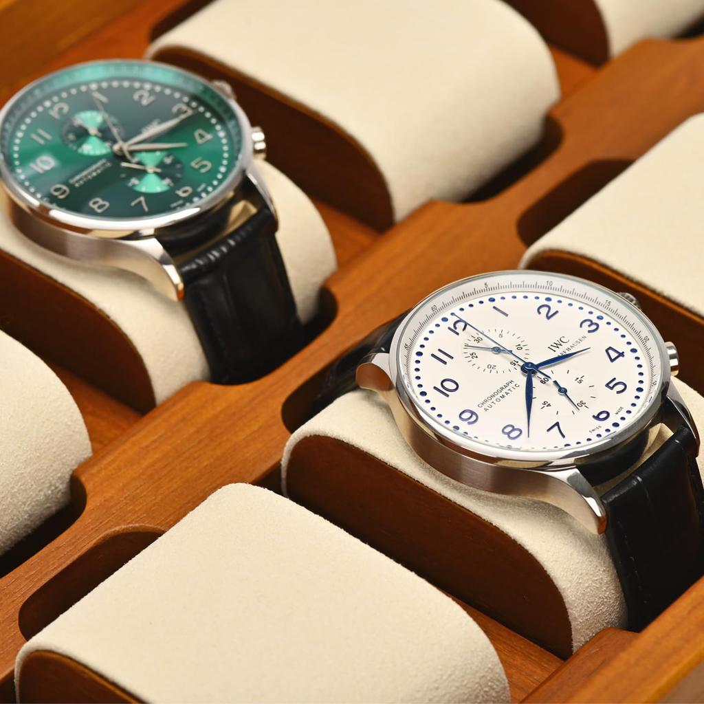 Woodten Massivholz-Uhrenbox mit Glas Premium-Uhren-Display-Organizer mit herausnehmbarem Kissen für Herren 10-Schlitz-Deckel, (Cremeweiß)