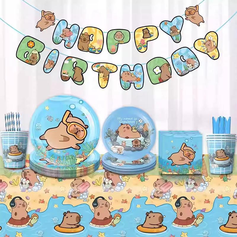 Capybara Theme Disposable Tableware Set Cartoon Capybara Tablecloth Cups Plates Napkin Happy Birthday Banner Kids Party Supplies
