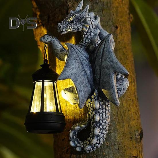 Drachenbaum-Hugger mit Solarlaterne, wetterbeständig, für den Außenbereich, Garten, Hof, Weg, Terrasse, Rasen, Kunstharz, Drachenfigur, Statue, Dekoration, Ornament