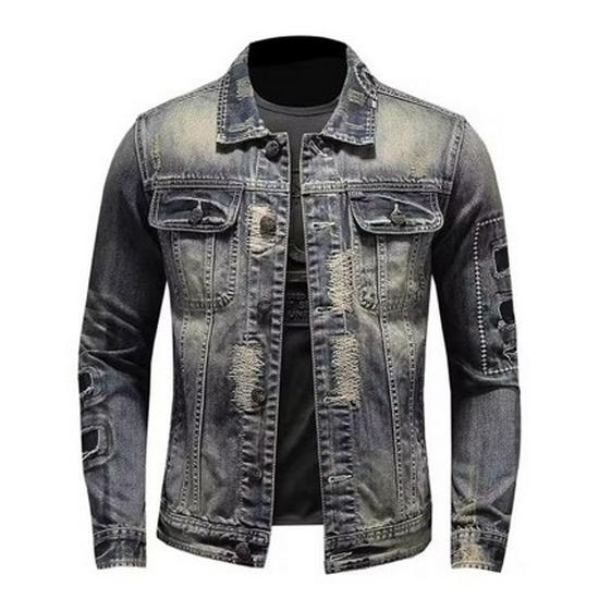 Pánska americká retro patchworková džínsová bunda, kórejská úzka strih, trendy európsky pouličný štýl pre nočné kluby a jazdu na motocykli.
