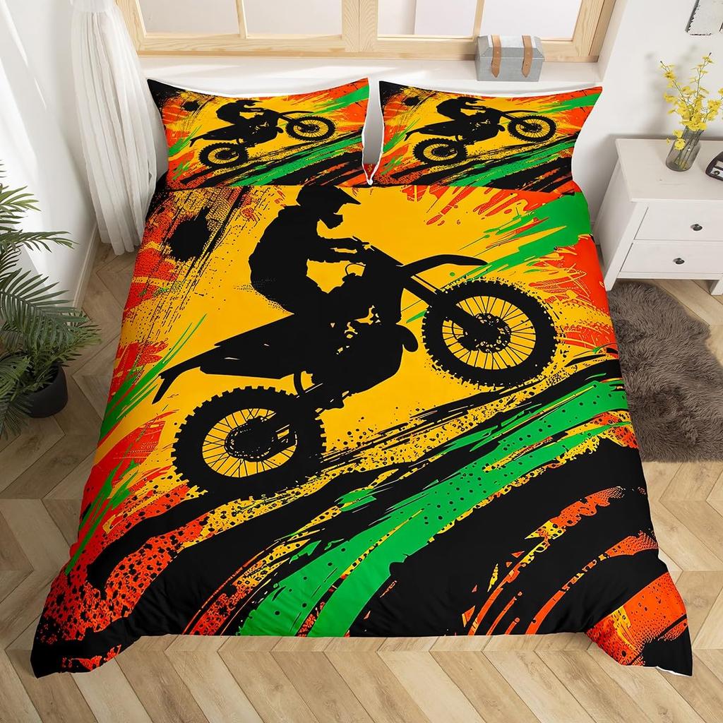 Motocross Bedding Set Full Motorcycle Racer Comforter Cover Extreme Sport Duvet Cover Dirt Bike Motor Vehicles Biker Quilt Cover