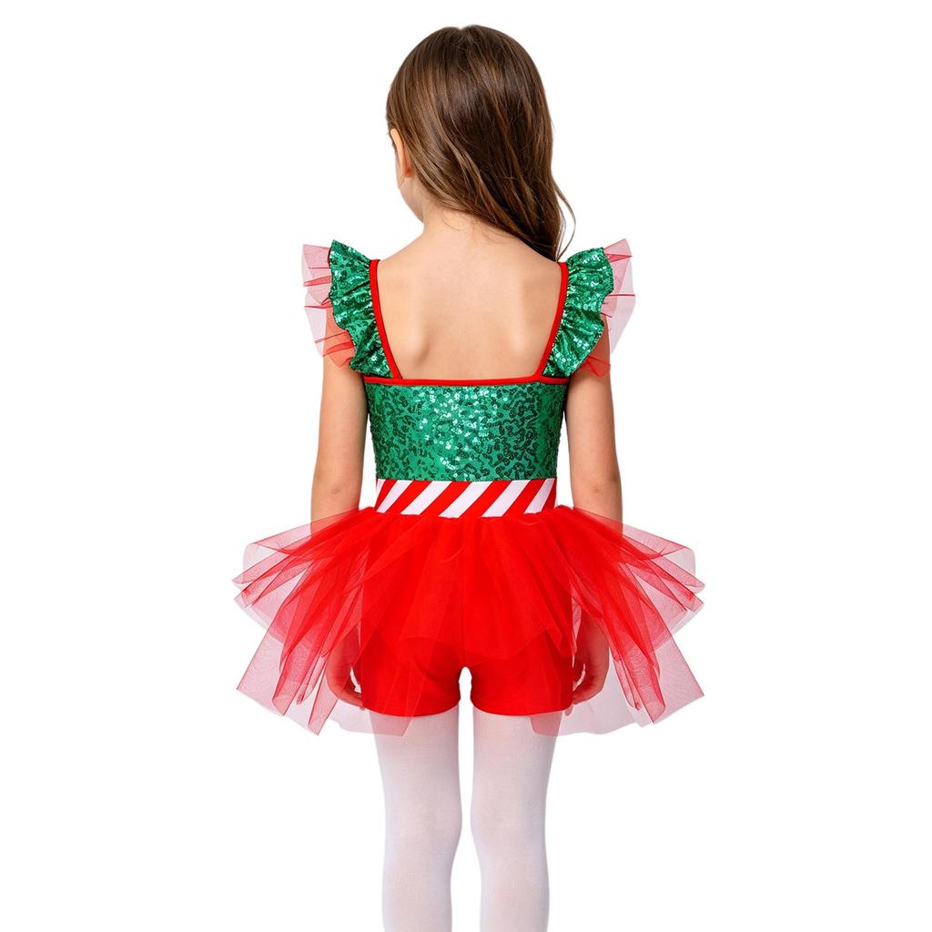 Sequins Candy Cane Stripe Tulle Dress for Girls Ruffle Sleeves Bowknot Built-in Shorts Christmas Stage Theme Party Costume
