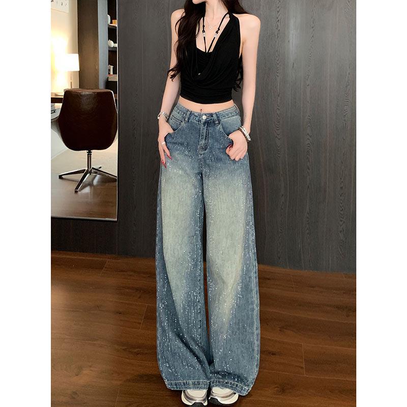 

High-Waist Wide-Leg Starry River Jeans - Women’s Floor-Length Pants for All Seasons (Spring/Autumn/Winter) L (54-59kg)