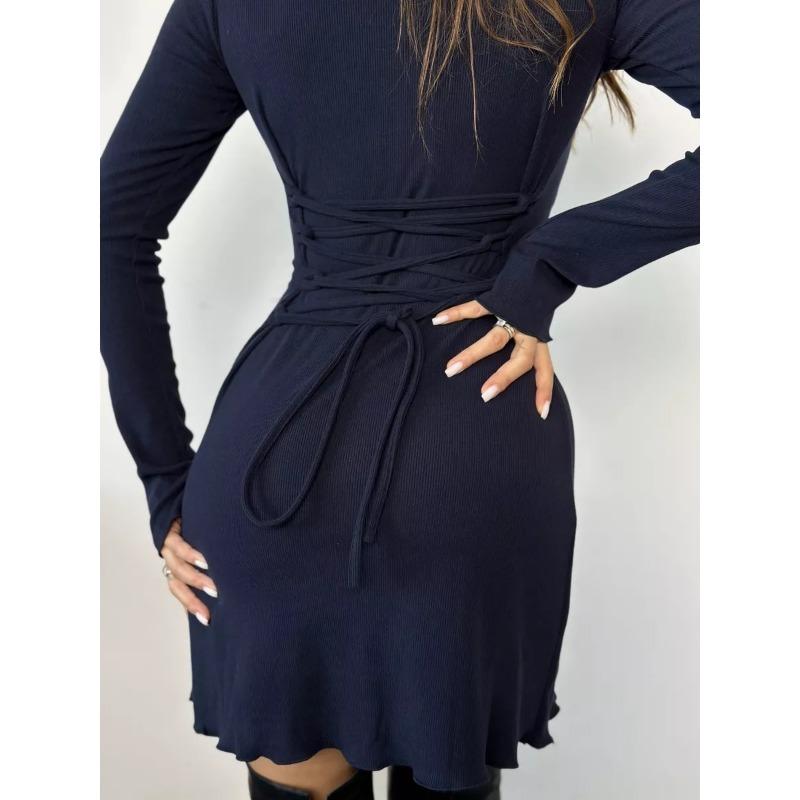 New Fashion Long Sleeve Hip-wrapped Lace-up Dress Crew Neck Slim Fit A-line Party Short Dresses Elegant Solid Color Casual Simple Sexy Clothing